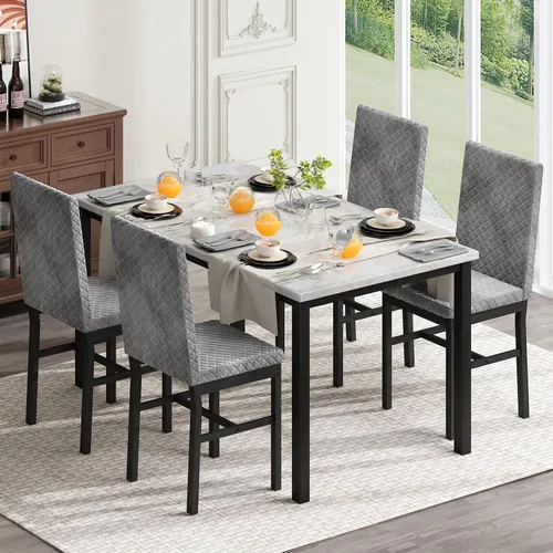 Vista 9 de Hooseng Juego de mesa de comedor para 4 mesas de comedor de 5 piezas de mármol sintético con 4 modernas sillas tapizadas de terciopelo para espacios