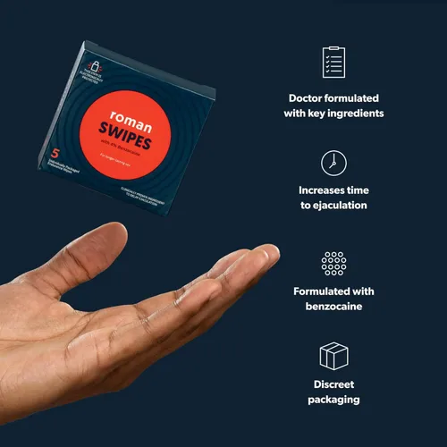 Vista 3 de Ro Swipes Toallitas de acción rápida, convenientes y sobre el mostrador aumentan la resistencia, formuladas con 4% de benzocaína, cuentan con un