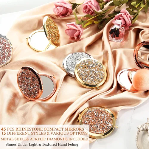 Vista 2 de Cindeer 45 Piezas Espejo Compacto Pequeño Plegable de Bolsillo Redondo de Maquillaje de Mano Cosmético con Aumento de 1X/2X, Espejo de Rinstone