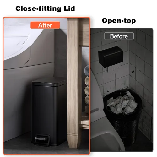 Vista 5 de Cubo de basura delgado para baño con tapa de cierre suave, cubo de basura de acero inoxidable de 1.6 galones con cubo interior extraíble, pedal