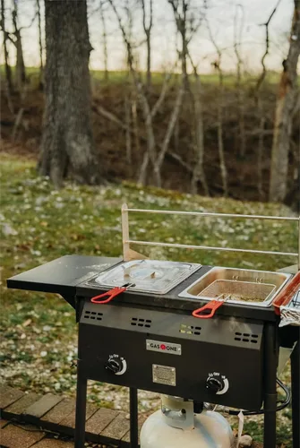 Vista 7 de GasOne - Freidora de propano para exteriores, quemadores dobles, cestas y tapas extraíbles de 16 cuartos de galón, carrito de freidora de aceite