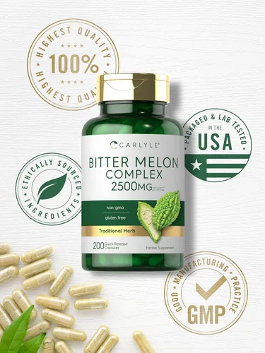 Vista 6 de Carlyle - Cápsulas de Melón Amargo 2500 mg 200 unidades Extracto sin OMG y sin gluten Suplemento complejo