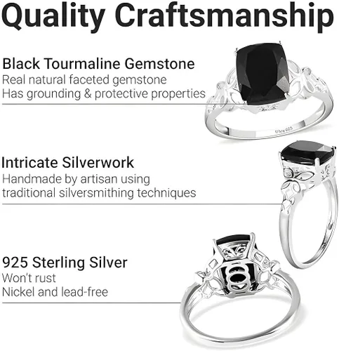 Vista 4 de Black Tourmaline Ring in 925 Sterling Silver - October Birthstone Rings for Women - Engagement Promise Floral Statement Vintage Solitaire Tourmaline