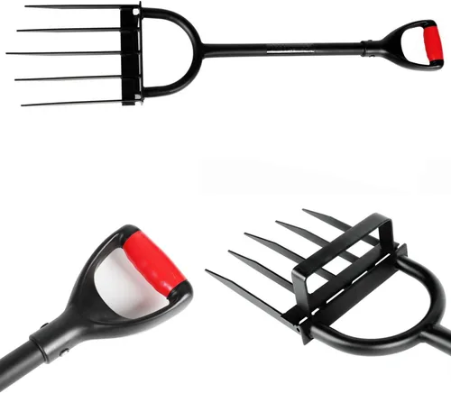 Vista 7 de Horquilla resistente de 5 dientes para jardinería - Horquilla de excavación de mango largo, garra desmalezadora de jardín