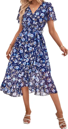 PRETTYGARDEN - Vestido floral para mujer estilo bohemio, cruzado, con cuello en V, manga corta, con cinturón, dobladillo con volantes, acampanado,