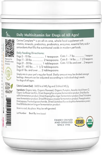 Vista 3 de Wholistic Pet Organics Canine Complete - Polvo multivitamínico para perros, 1 libra, vitaminas diarias para perros y suplementos para alimentos