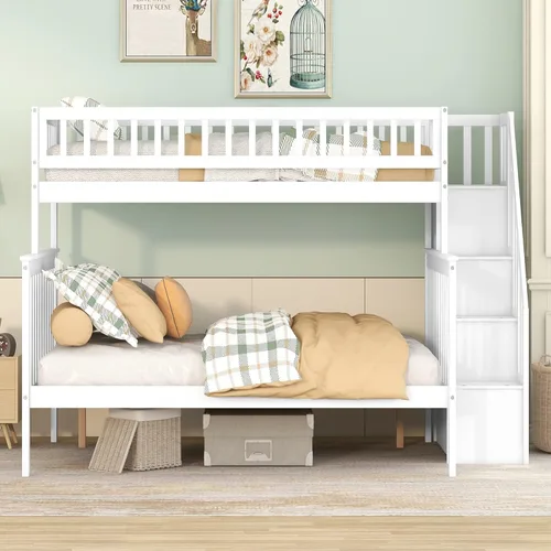 Vista 65 de Harper & Bright Designs Litera de tamaño matrimonial sobre matrimonial con 3 cajones, litera de madera maciza con almacenamiento y riel de Gris