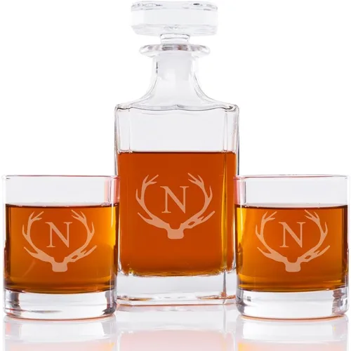 Vista 16 de Abby Smith Juego de decantador de whisky y rocas con inicial de cuerno, letra A