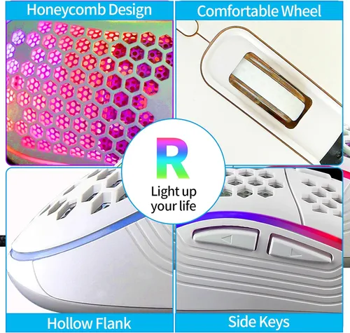 Vista 5 de Honeycomb - Mouse para juegos con cable, retroiluminación RGB y 7200 DPI ajustables, mouse USB ergonómico y ligero con sensor de alta precisión
