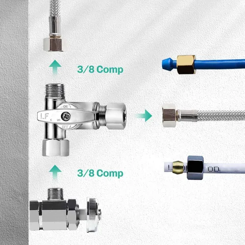 Vista 2 de Latón sin plomo, 1 unidad, cromado Add-A-Tee de 3 vías, 3/8 pulgadas x 3/8 pulgadas x 1/4 pulgadas válvula de parada angular para filtros de agua