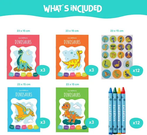 Vista 3 de THE TWIDDLERS 12 libros de dinosaurios para colorear para niños (4 temas, 48 crayones 216 calcomanías), mini libros para colorear para niños