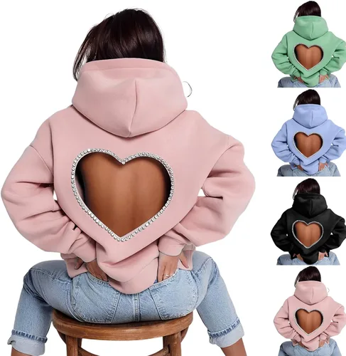 Sudaderas con capucha para mujer, con diseño de diamantes y dulce amor, sin espalda, de gran tamaño, casual, holgada
