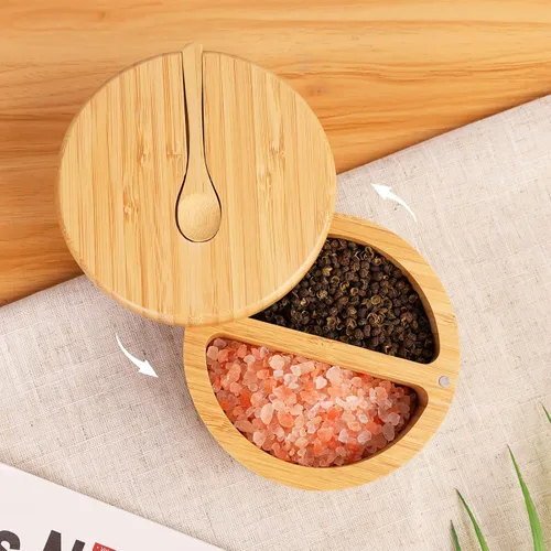 Vista 6 de HTB Recipientes de sal y pimienta de bambú, salero dividido con tapa giratoria y cuchara, recipientes de condimentos con tapa magnética
