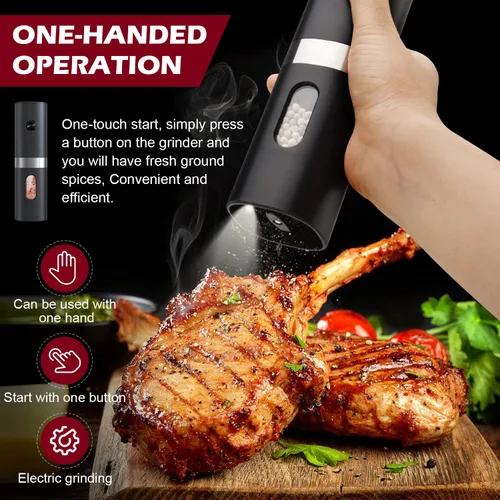 Vista 2 de Molinillo eléctrico de pimienta/sal, grosor ajustable, funciona con pilas con luz LED, funcionamiento automático con una sola mano, (1 unidad, negro)