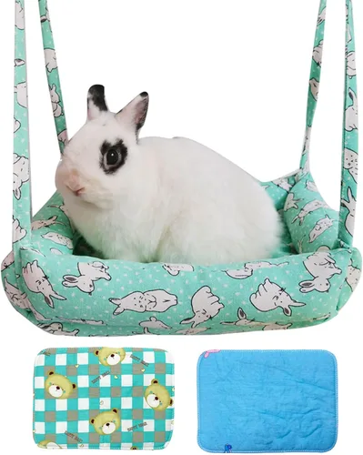 Vista 9 de Hamaca de conejo, columpio para animales pequeños, hamaca colgante con 2 almohadillas, hamaca para mascotas, columpio para conejos, cobayas