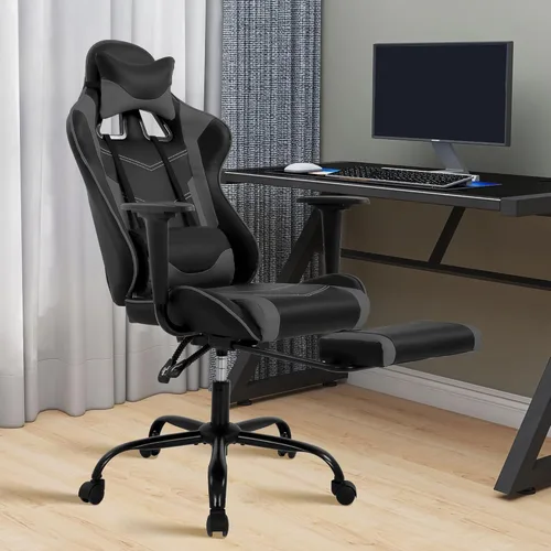 Vista 8 de Sillas de cuero sintético con respaldo alto, silla de computadora con reposacabezas y soporte lumbar, asiento ancho ajustable en altura ajustable