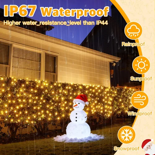 Vista 5 de Ollny Luces de Red para Exteriores Luz de Malla, 210 LED de 10 x 7 pies, cable verde, luces de red de Navidad, IP67 impermeable, 8 modos enchufable