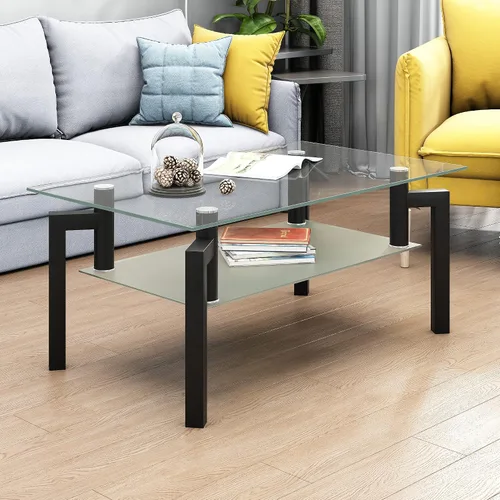 Vista 3 de Mesa de centro rectangular de cristal contemporánea con estante de almacenamiento, 4 patas modernas de metal negro para sala de estar y oficina