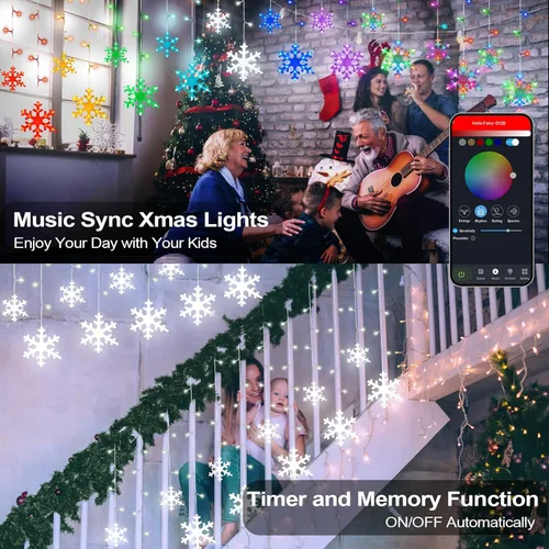 Vista 4 de Luces de Navidad inteligentes de copo de nieve, 156 luces LED de 12 gotas de 3.5 m, enchufe, control remoto por aplicación con 16 millones