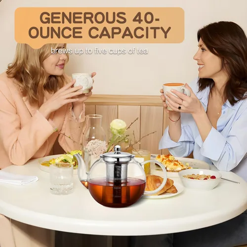 Vista 6 de Tetera de vidrio, Zpose 1200 ml/40 oz de tetera con infusor de acero inoxidable extraíble, tetera de vidrio transparente con línea de escala, tetera