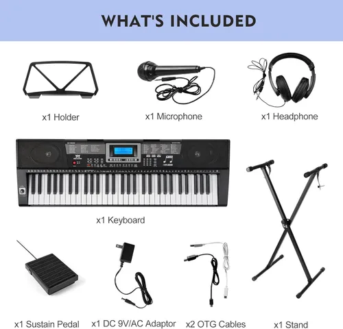 Vista 6 de Teclado de piano MUSTAR, MEKS-500 Teclado de aprendizaje de 61 teclas con teclas iluminadas, teclado de piano eléctrico para principiantes, soporte