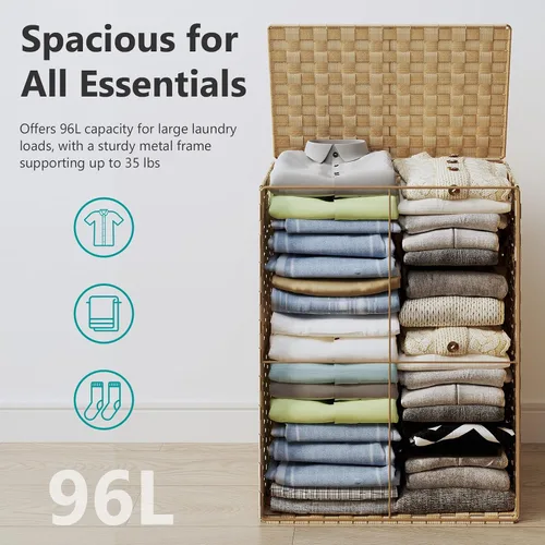 Vista 4 de Fiona's magic - Cesta plegable para ropa sucia con tapa, tejida a mano de 96 litros con bolsas de forro extraíbles, cesta alta plegable para Negro