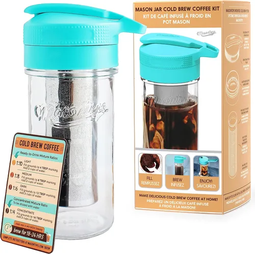 Vista 9 de Masontops Kit para preparar café frío – Cafetera helada de lujo con jarra de vidrio y filtro de malla de acero inoxidable – Sistema de nevera fácil