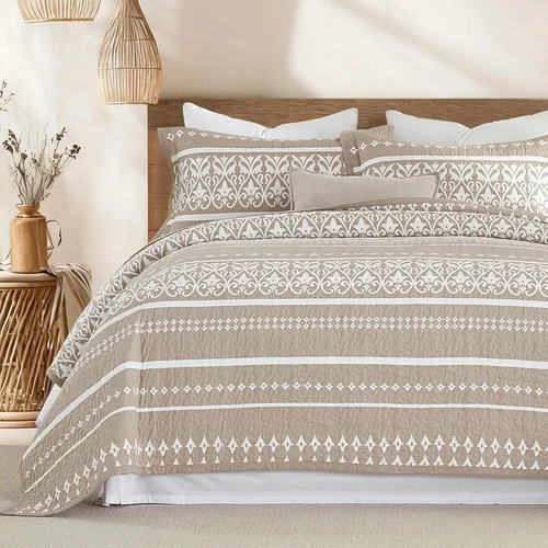 Vista 9 de Juego de edredón 100% algodón tamaño Queen – Juego de ropa de cama bohemio beige y blanco – Juego de edredón bohemio a rayas con 2 fundas
