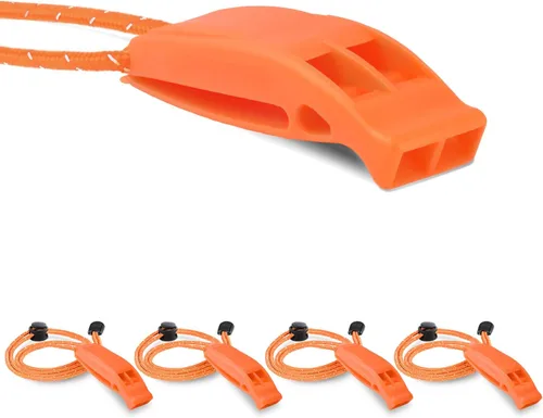 Vista 10 de CooBigo 4Pcs Emergency Whistles, Loud Shrill Safety Whistle with Reflective Lanyard for Climbing Hiking Camping Boat Kayak