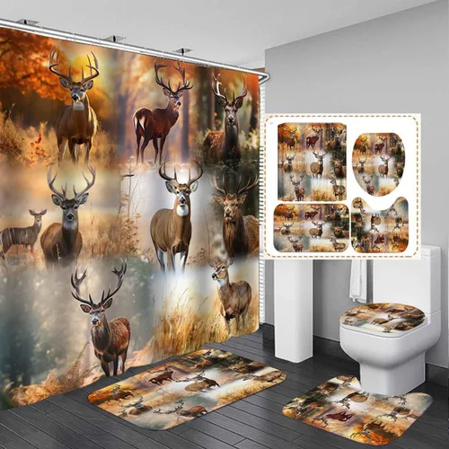 Vista 121 de Camille&Andrew - Juego de 4 cortinas de ducha de tela de ciervo rústico negro, alce, alce, pino, luna, casa de campo, panel rústico, tablero