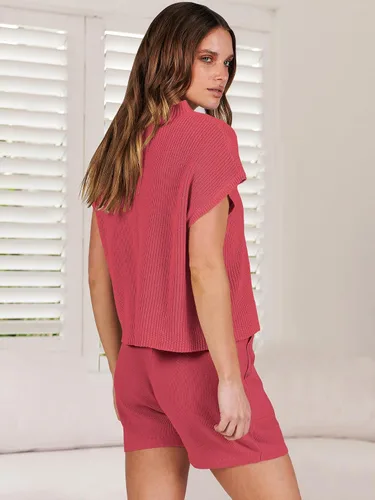 Vista 4 de ANRABESS Conjunto de dos piezas para mujer, suéter corto, suéter y pantalones cortos, conjunto de ropa de descanso