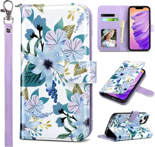 Vista 18 de ULAK Funda tipo cartera compatible con iPhone 14 para mujer, de piel sintética, diseño floral, con tarjetero y función atril, funda protectora tipo