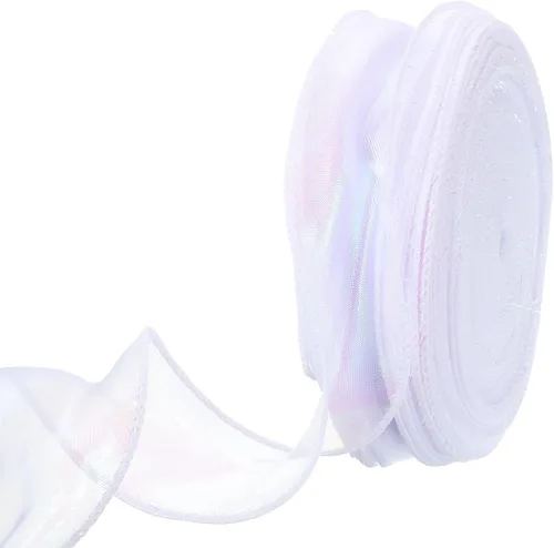 Vista 9 de MECCANIXITY Cinta de Organza Transparente con Alambre Brillante de 2 3/8" de Ancho, Cintas de Gasa Iridiscente Pastel de 3 Yardas Color Beige