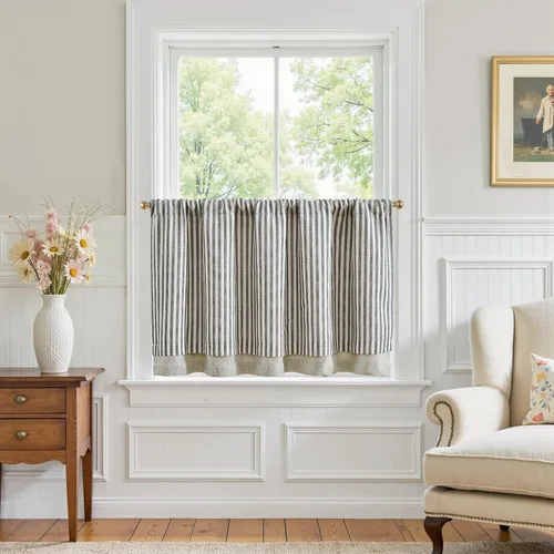 Vista 37 de jinchan - Cortinas de lino a rayas para cocina de 20 pulgadas de largo, cortinas de varios niveles, estilo granja moderna de café, tratamientos