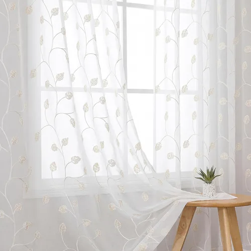 Vista 16 de VISIONTEX Juego de 2 paneles de cortinas traslúcidas blancas de 63 pulgadas de largo, con bordado de coral beige, bolsillo para barra, cortinas