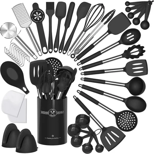 Umite Chef - Juego de utensilios de cocina de silicona, 43 piezas, resistentes al calor, juego de herramientas de cocina negras con asas de acero