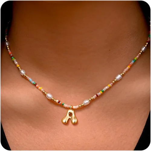 Vista 42 de Ritach - Regalos de Navidad para nietas, adolescentes y niñas, collar con inicial de perlas de colores claros, collar con dije de burbuja dorada