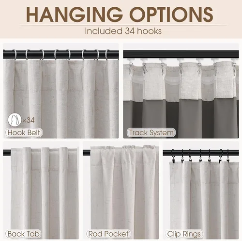 Vista 3 de Cortinas 100% opacas de 96 pulgadas de largo para sala de estar, dormitorio, verano, aislamiento térmico, lino sintético, cortinas opacas de techo a