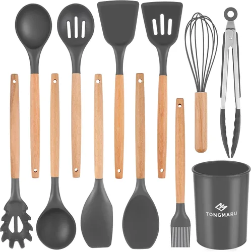 Juego de utensilios de cocina de silicona, juego de utensilios de cocina con mango de madera de haya de alta calidad, antiadherentes, espátula,