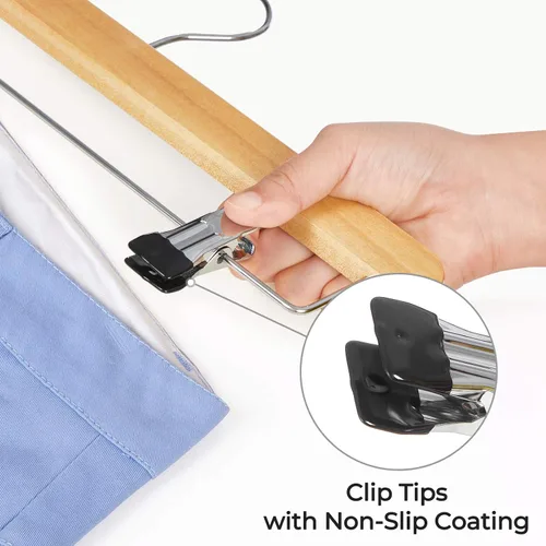 Vista 4 de SONGMICS Perchas de Madera para Pantalones, Paquete de 8 Perchas para Pantalones con Clips de Metal Ajustables Antioxidantes, Gancho Giratorio