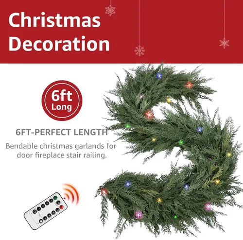 Vista 3 de Guirnalda de Navidad de Cedro con Luces para Repisa de Chimenea - Realista de Tacto Real 9 Pies Guirnaldas Artificiales de Pino Sintético