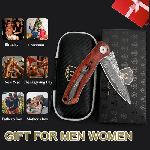 Vista 7 de Cuchillo de bolsillo plegable de Damasco AUBEY hecho a mano con clip para hombres, cuchillo de caza de Damasco EDC con bloqueo de vástago