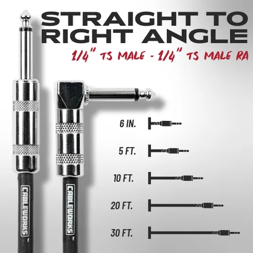 Vista 3 de Cableworks de Gator Cases Serie Backline, Cable de Instrumento de Guitarra de 5 Pies, Recto a Ángulo Recto (GCWB-INS-05RA)