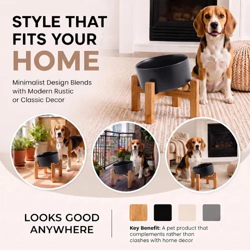 Cuenco elevado de cerámica para perros/cuencos elevados de cerámica para perros con soporte de bambú, comedero elevado inclinado de 15° para perros