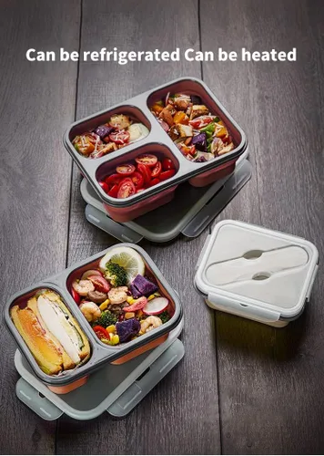 Vista 3 de Green Handle US - Caja Bento reutilizable plegable para llevar para microondas y lavavajillas, sin BPA, no tóxica, antiadherente, color beige