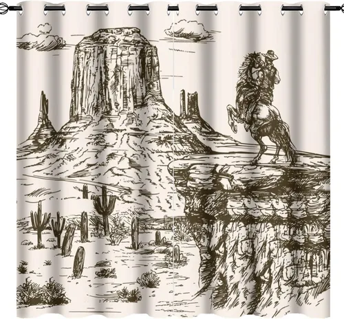 Vista 39 de Cortinas opacas retro de vaquero occidental para dormitorio, estilo rústico, cactus, salvaje oeste, vaquero, paseo, caballo, con ojales, aislamiento