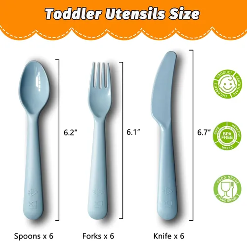 Vista 5 de Juego de 18 cubiertos de plástico para niños pequeños, cucharas, tenedores, cuchillo, cubiertos de colores, utensilios reutilizables, sin BPA, aptos