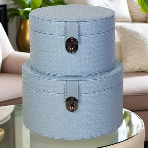 Vista 2 de Juego de 2 cajas decorativas redondas de cuero artificial azul con hebilla decorativa negra para decoración del hogar