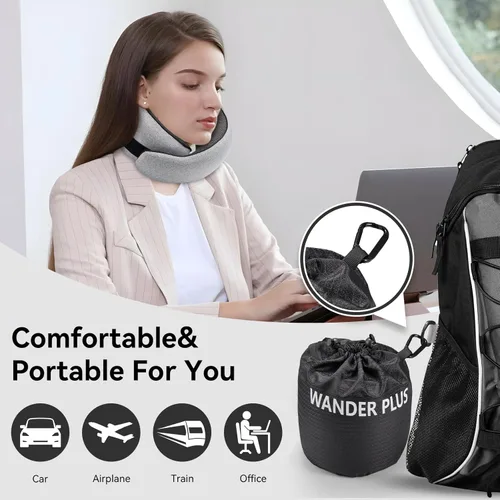 Vista 5 de WANDER PLUS® Travel Pillow, 100% Pure Memory Foam Travel Neck Pillow Airplane Neck Support Ergonomic Design Best for Sleeping Plane Car Train Office