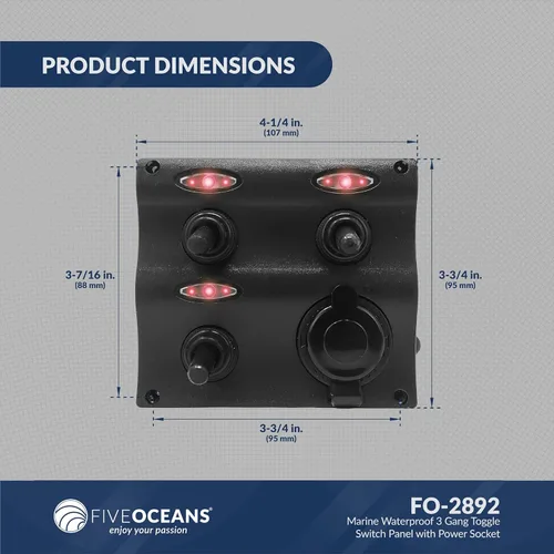 Vista 6 de Five Oceans Marine 2 3 6 Gang Toggle Rocker Switch Panel, enchufe del encendedor de cigarrillos 12V